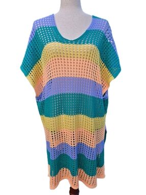 Shein Boho Rainbow Striped Crochet Knit Tunic Oversized Beach Cover Up 2XL